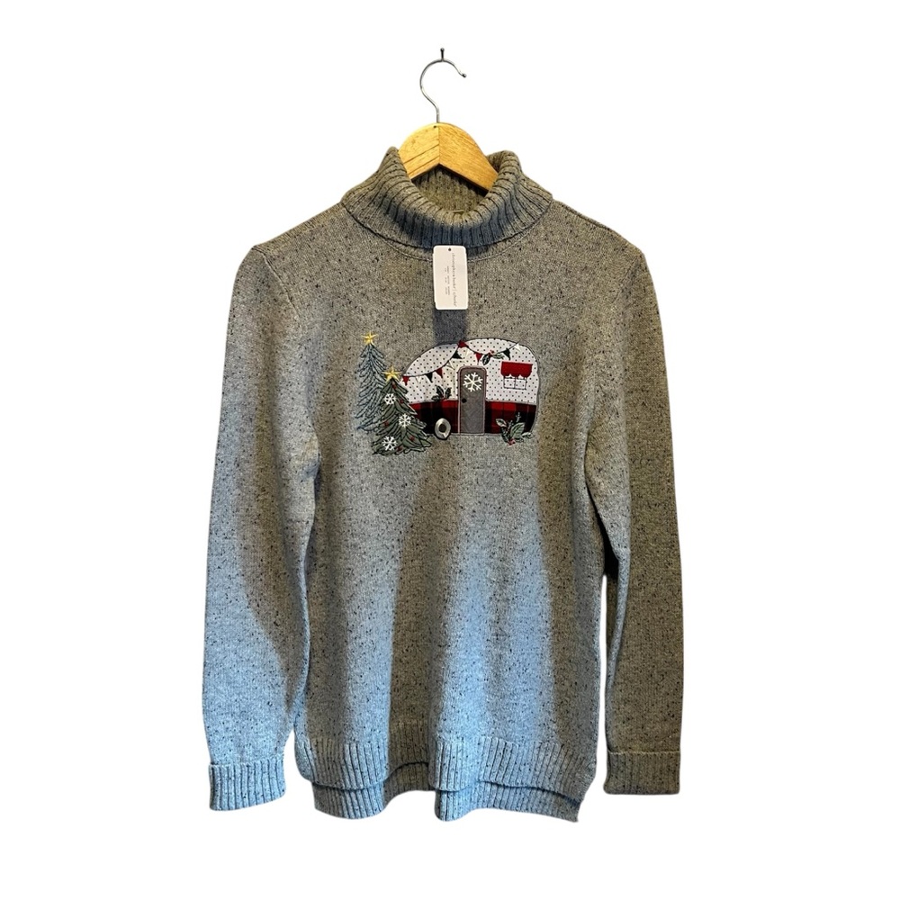 Christopher & Banks Gray Turtleneck Sweater with Festive Design Size M